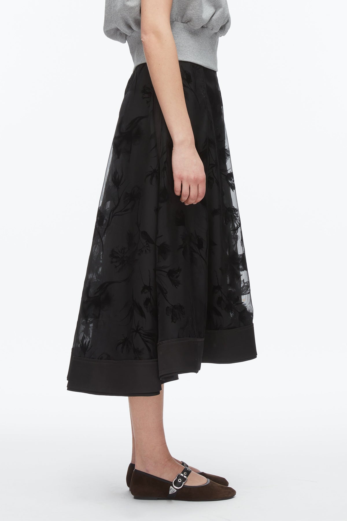 Flocked Organza Midi Skirt Black