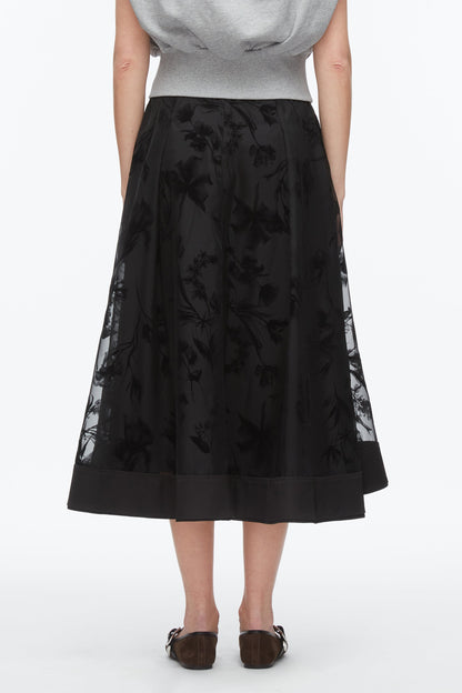 Flocked Organza Midi Skirt Black