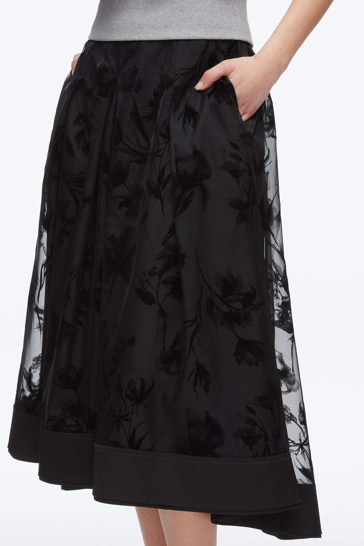 Flocked Organza Midi Skirt Black