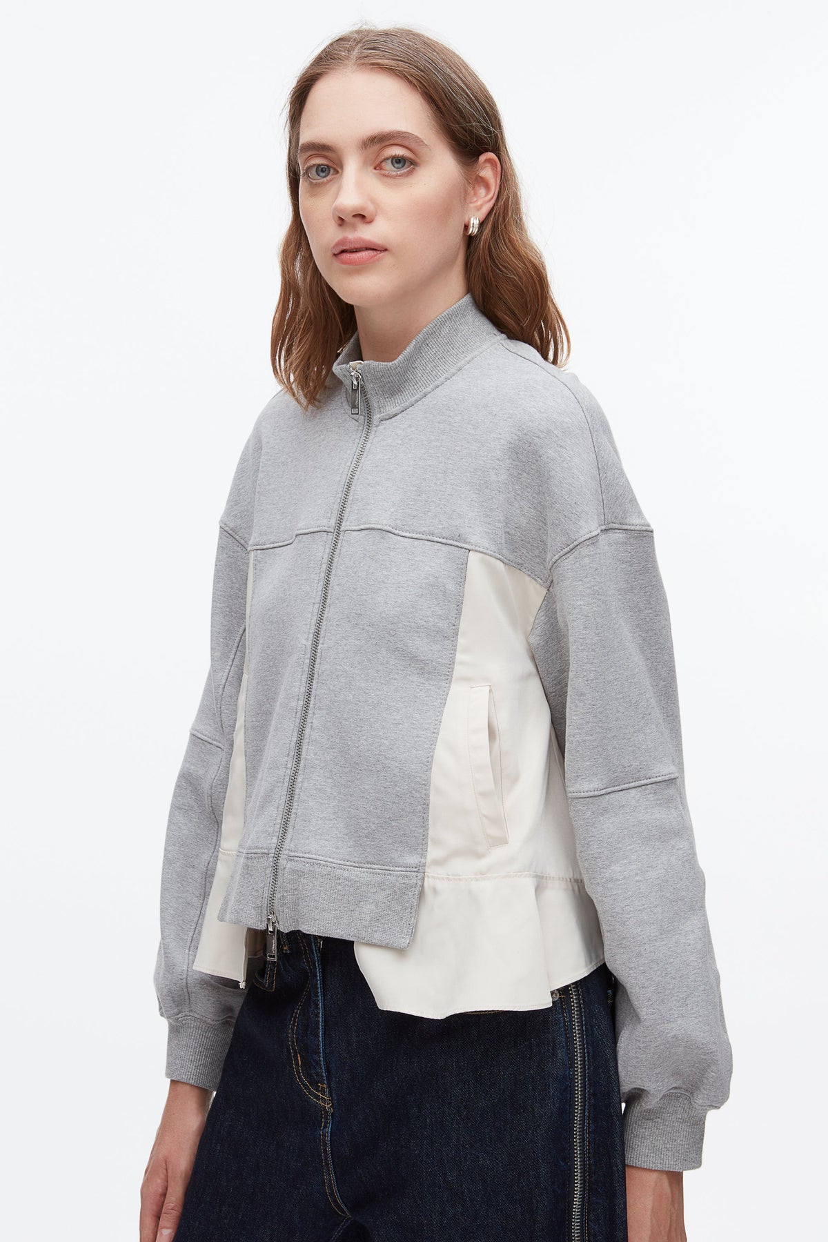 Terry Hybrid Zip Up Grey Melange-Stone