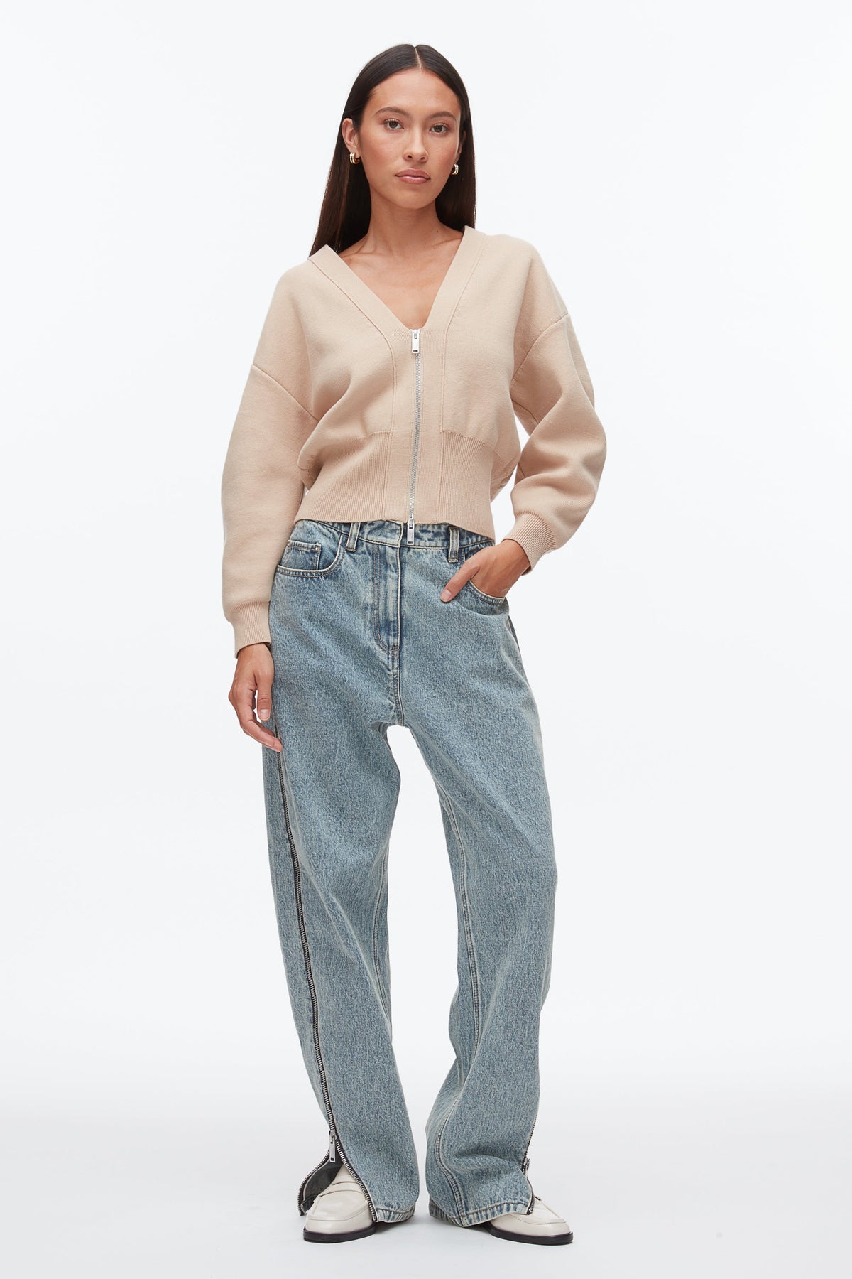 Round Sleeve Zip Cardigan Beige