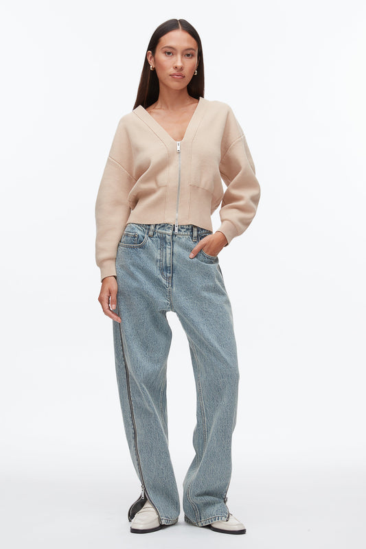 Round Sleeve Zip Cardigan Beige