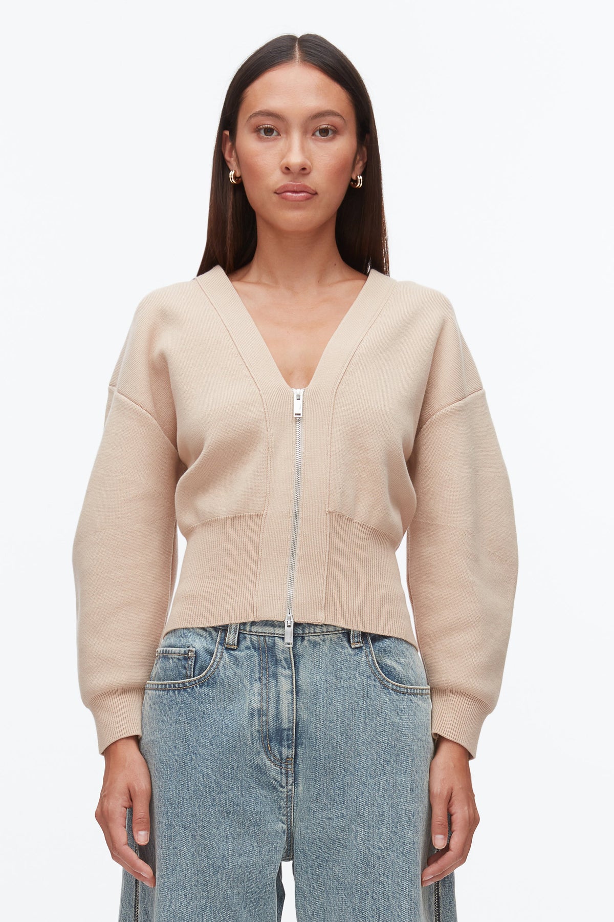Round Sleeve Zip Cardigan Beige