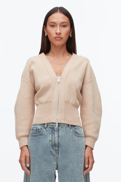 Round Sleeve Zip Cardigan Beige