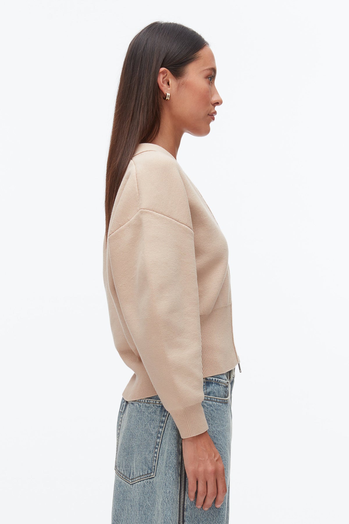 Round Sleeve Zip Cardigan Beige