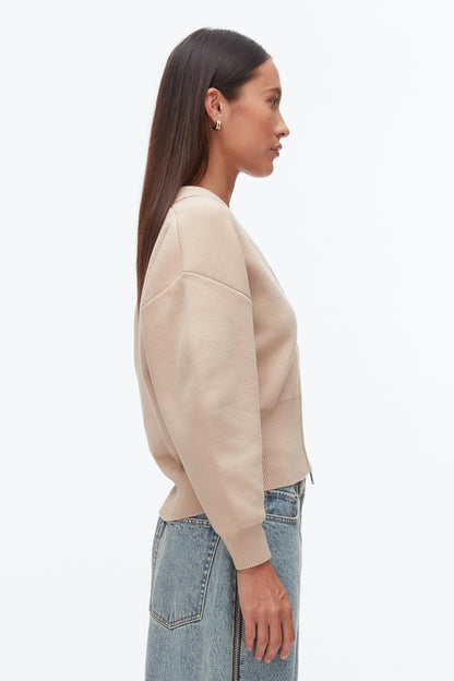 Round Sleeve Zip Cardigan Beige