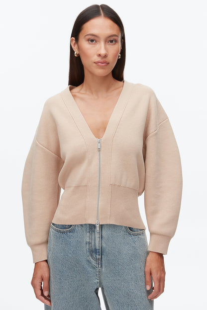 Round Sleeve Zip Cardigan Beige