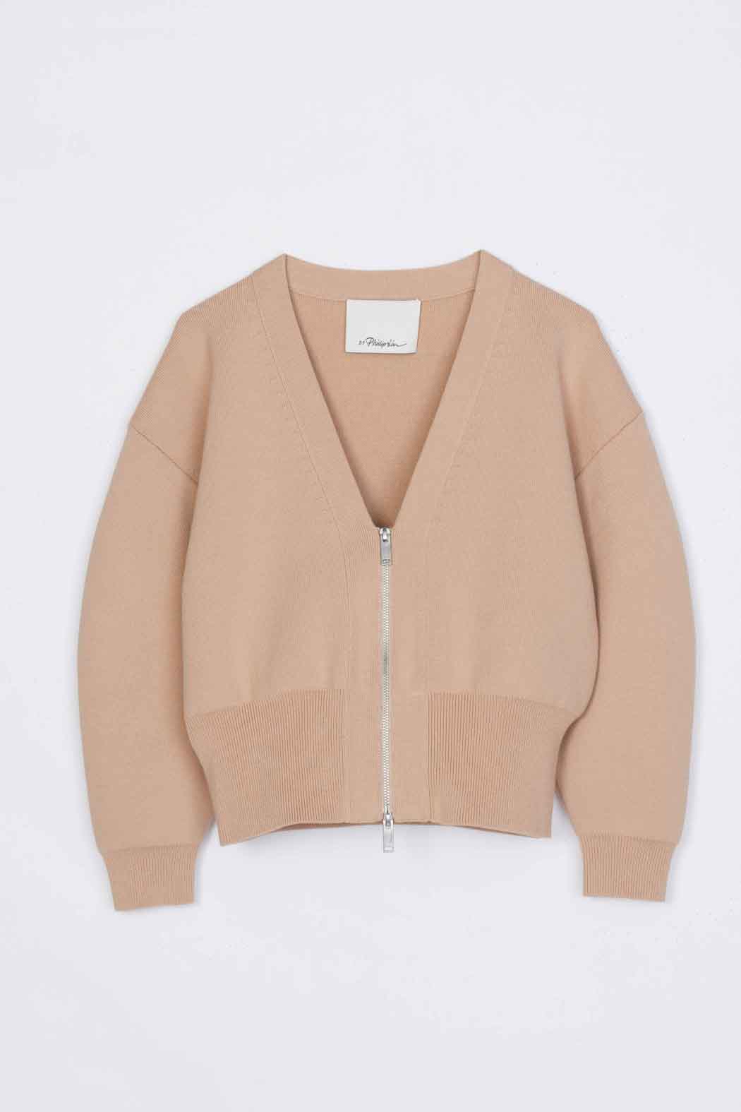 Round Sleeve Zip Cardigan Beige