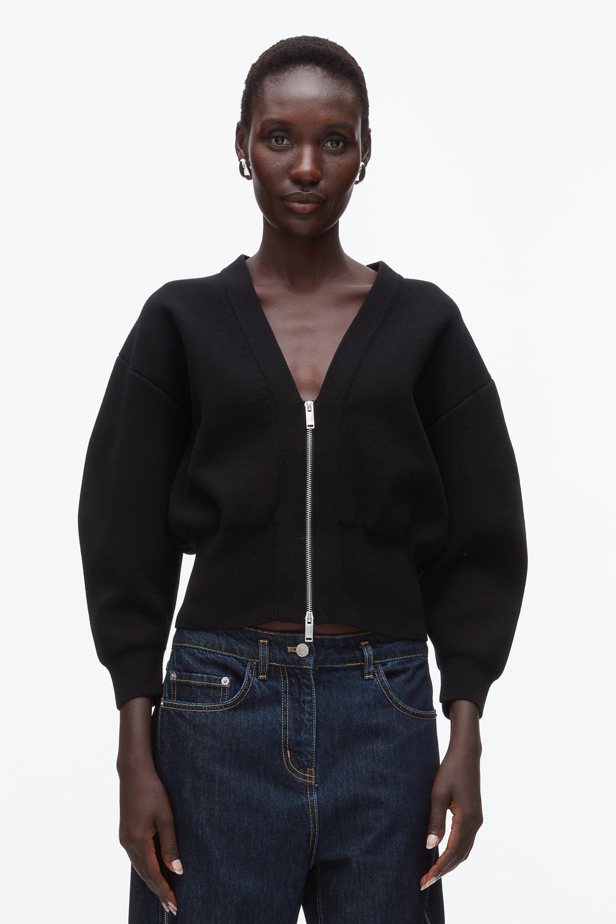 Round Sleeve Zip Cardigan Black