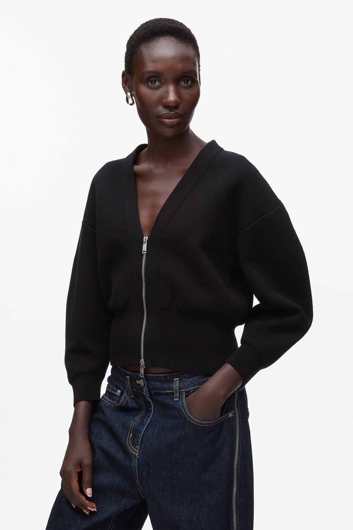 Round Sleeve Zip Cardigan Black