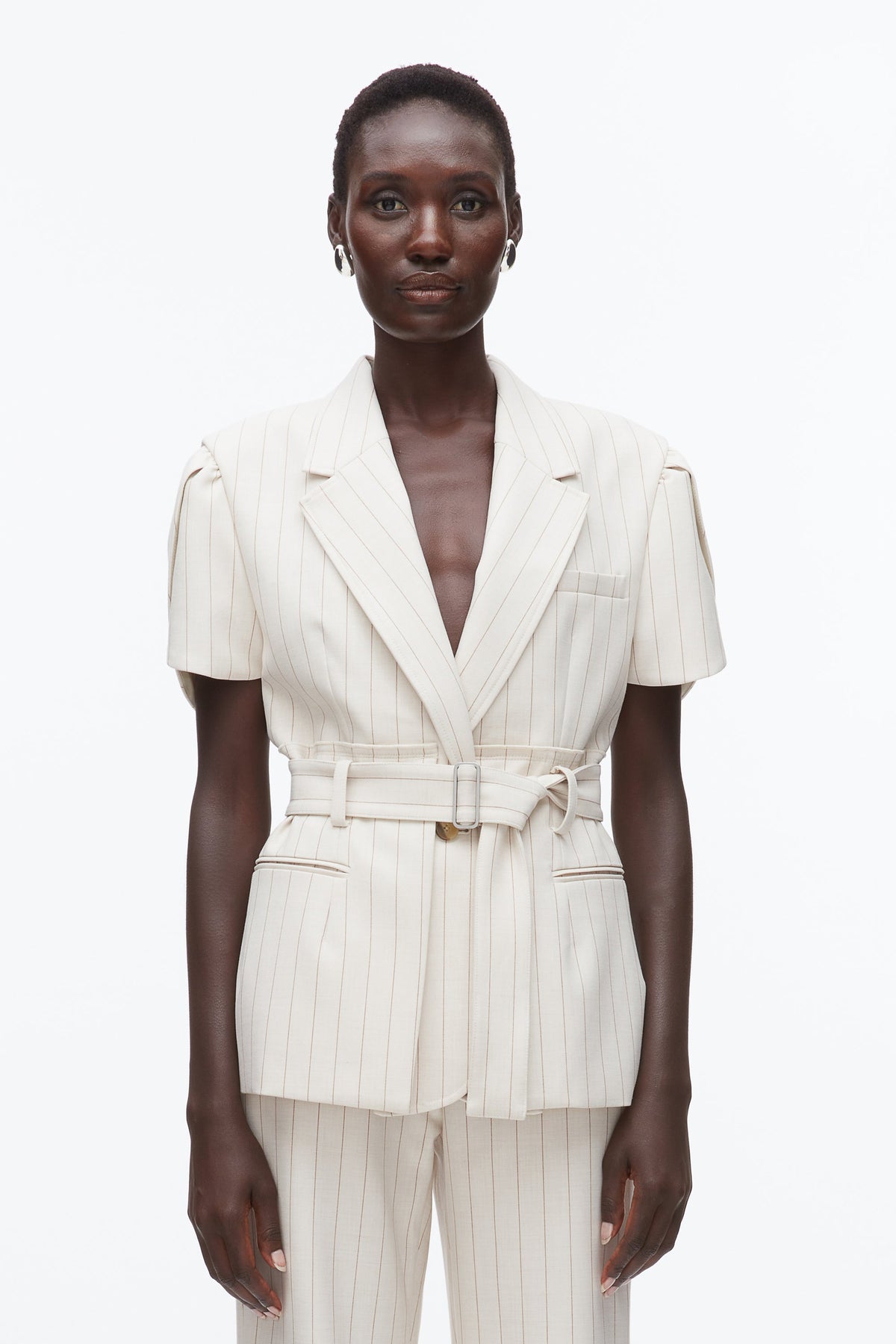 Pinstripe Tulip Sleeve Blazer Ecru-Tan