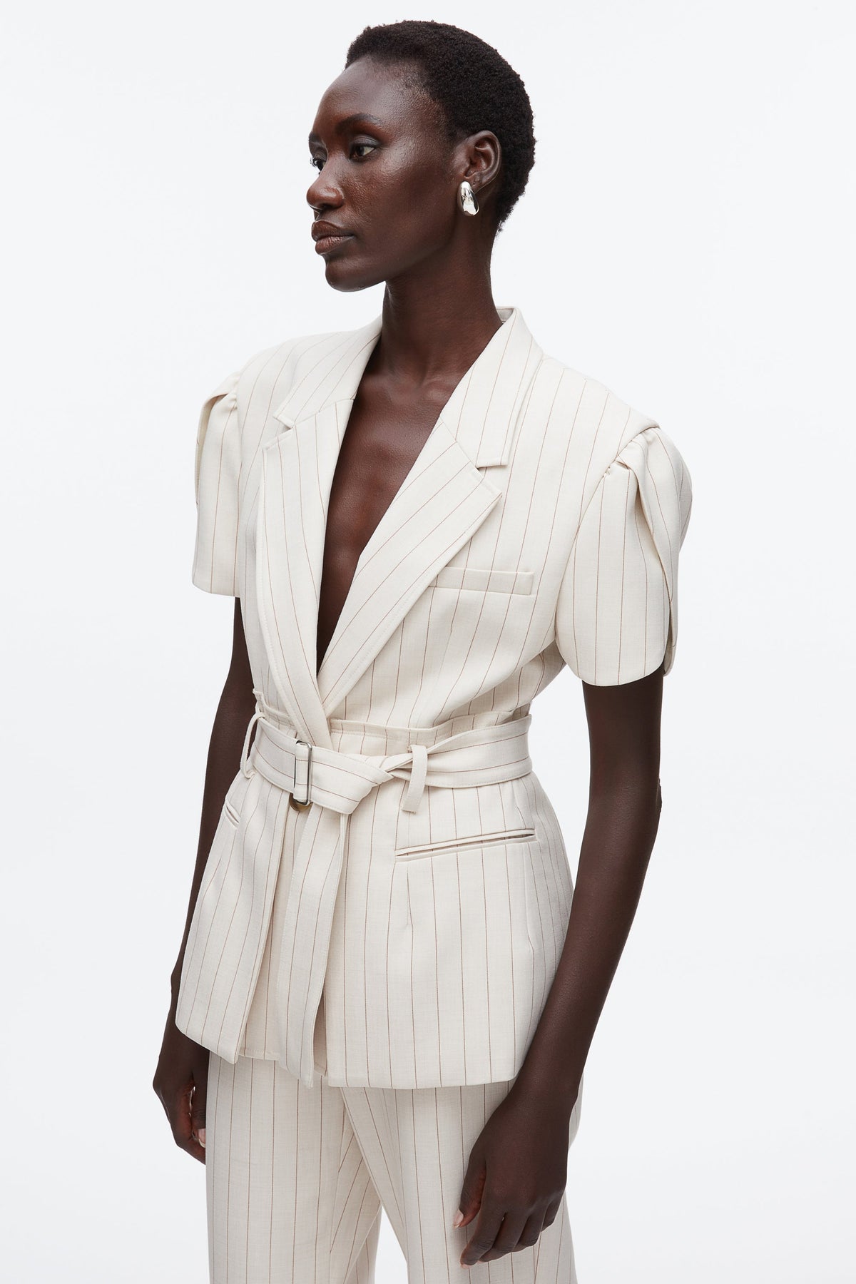 Pinstripe Tulip Sleeve Blazer Ecru-Tan