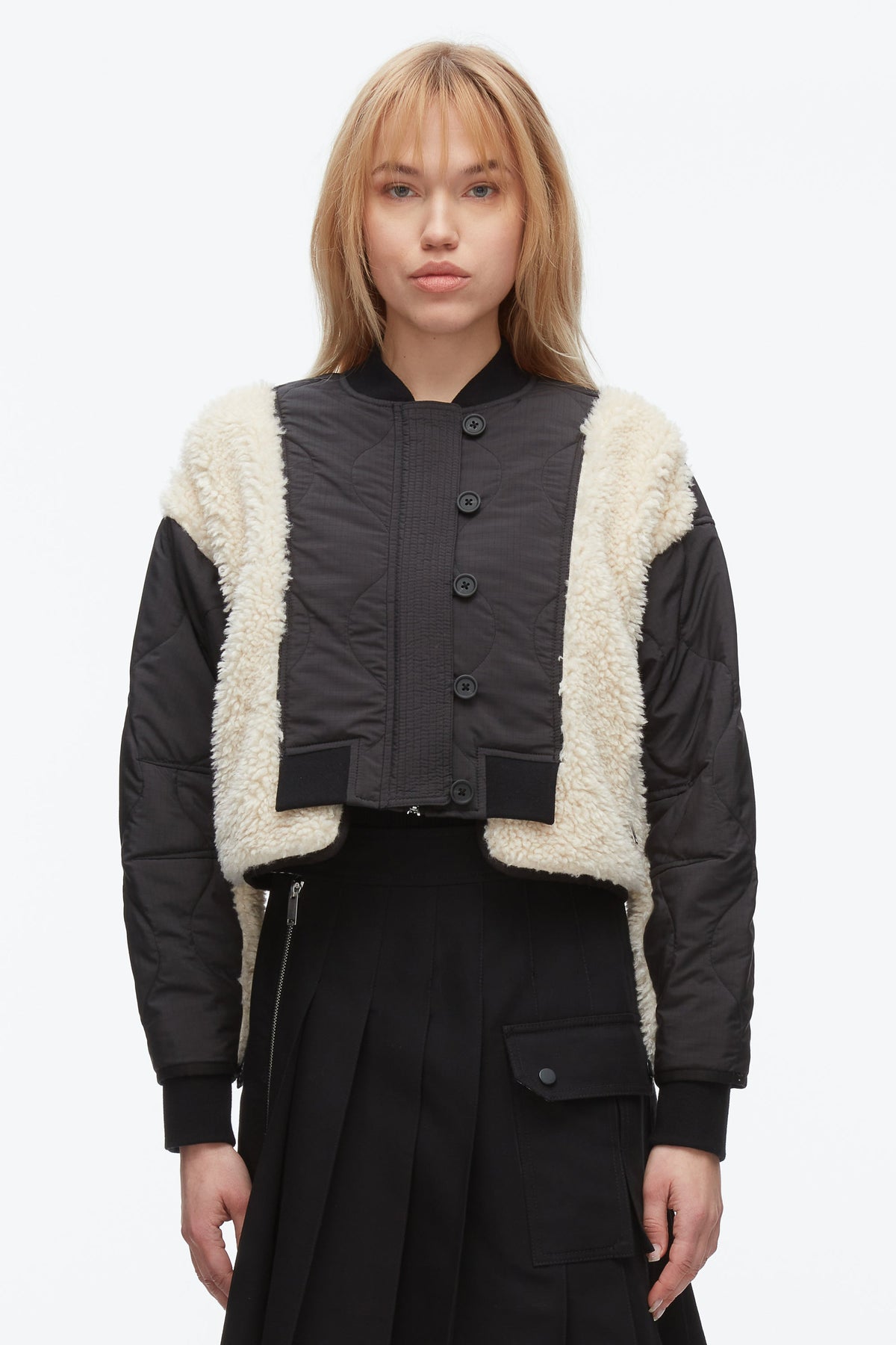 Cropped Sherpa Combo Bomber Black-Natural