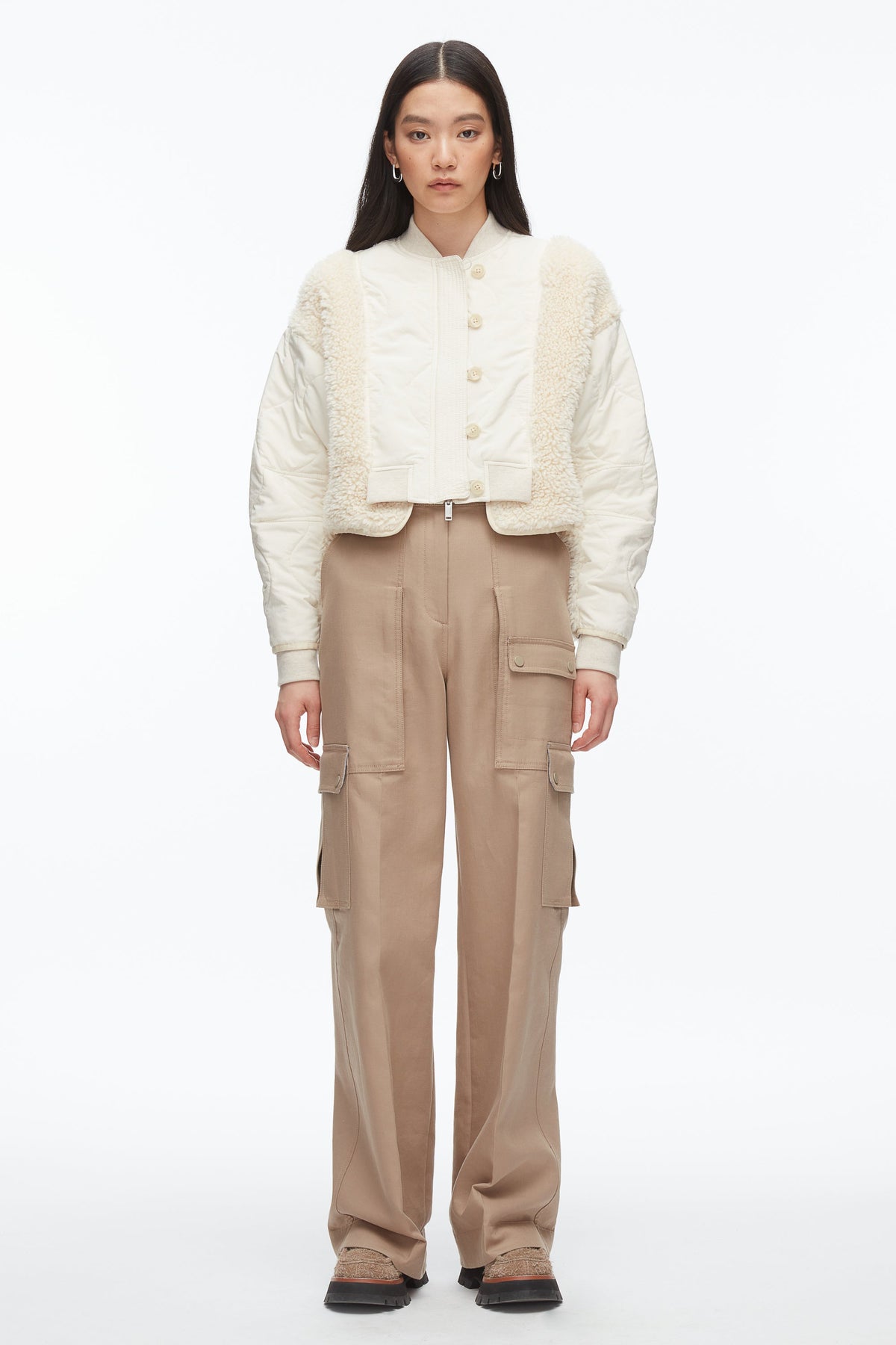Cropped Sherpa Combo Bomber Parchment Multi
