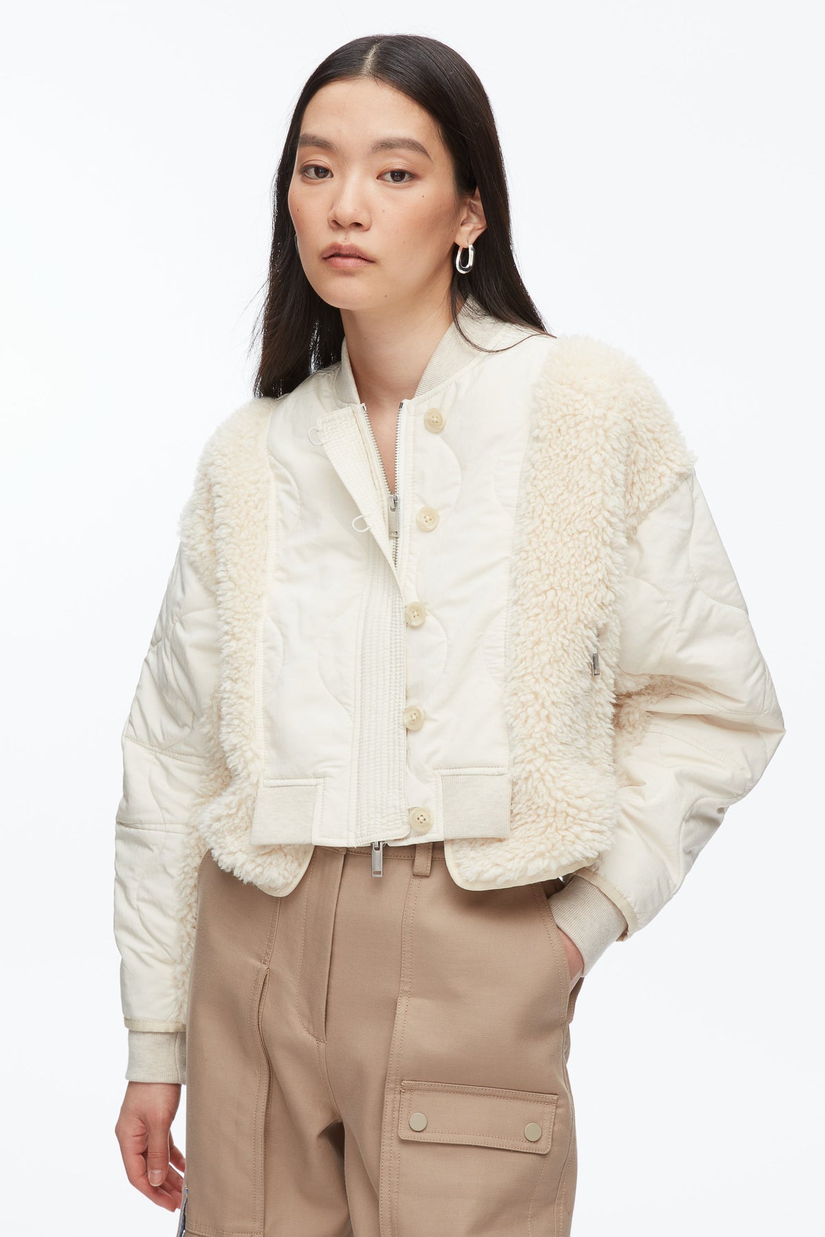 Cropped Sherpa Combo Bomber Parchment Multi
