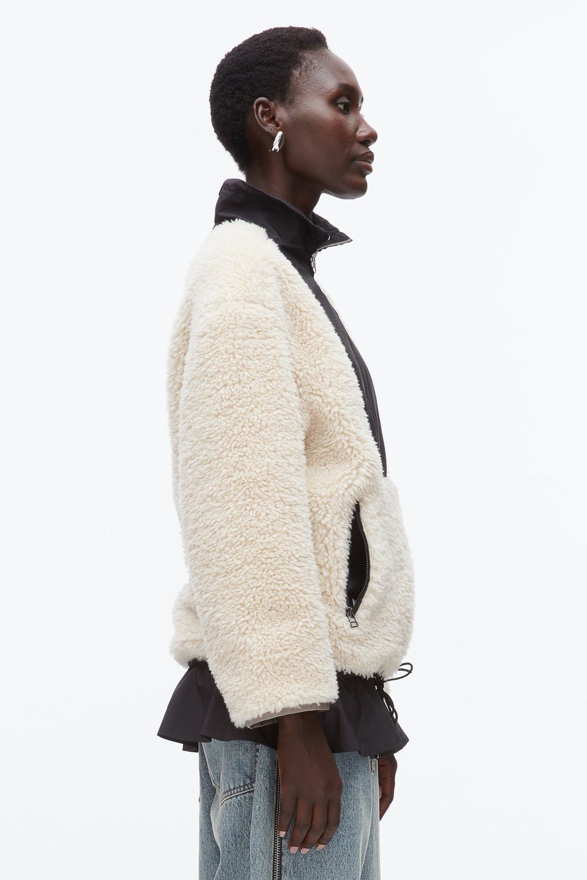 Flounce Hem Sherpa Jacket Natural-Blk