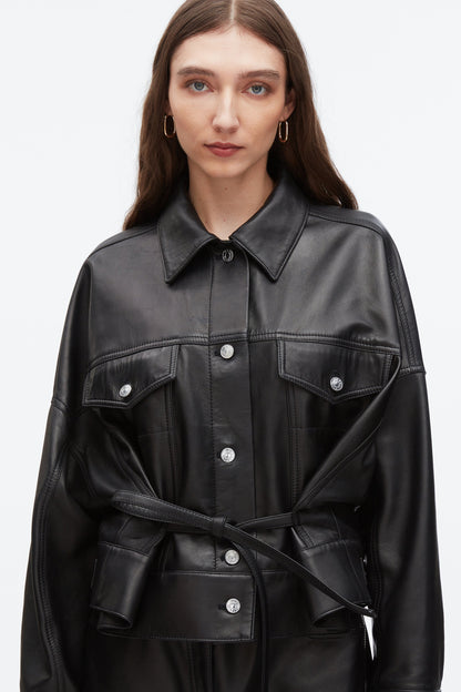 Leather Boxy Jacket Black