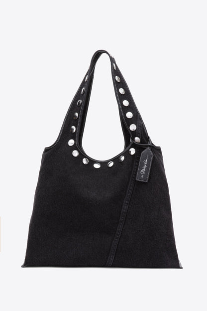Denim Market Tote with Studs Washed Blk