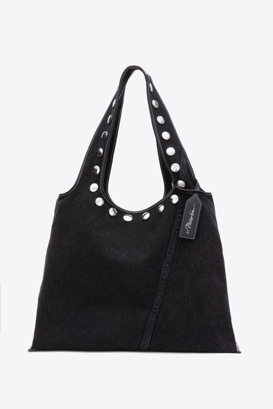 Denim Market Tote with Studs Washed Blk