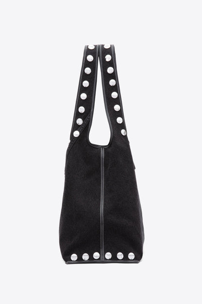 Denim Market Tote with Studs Washed Blk