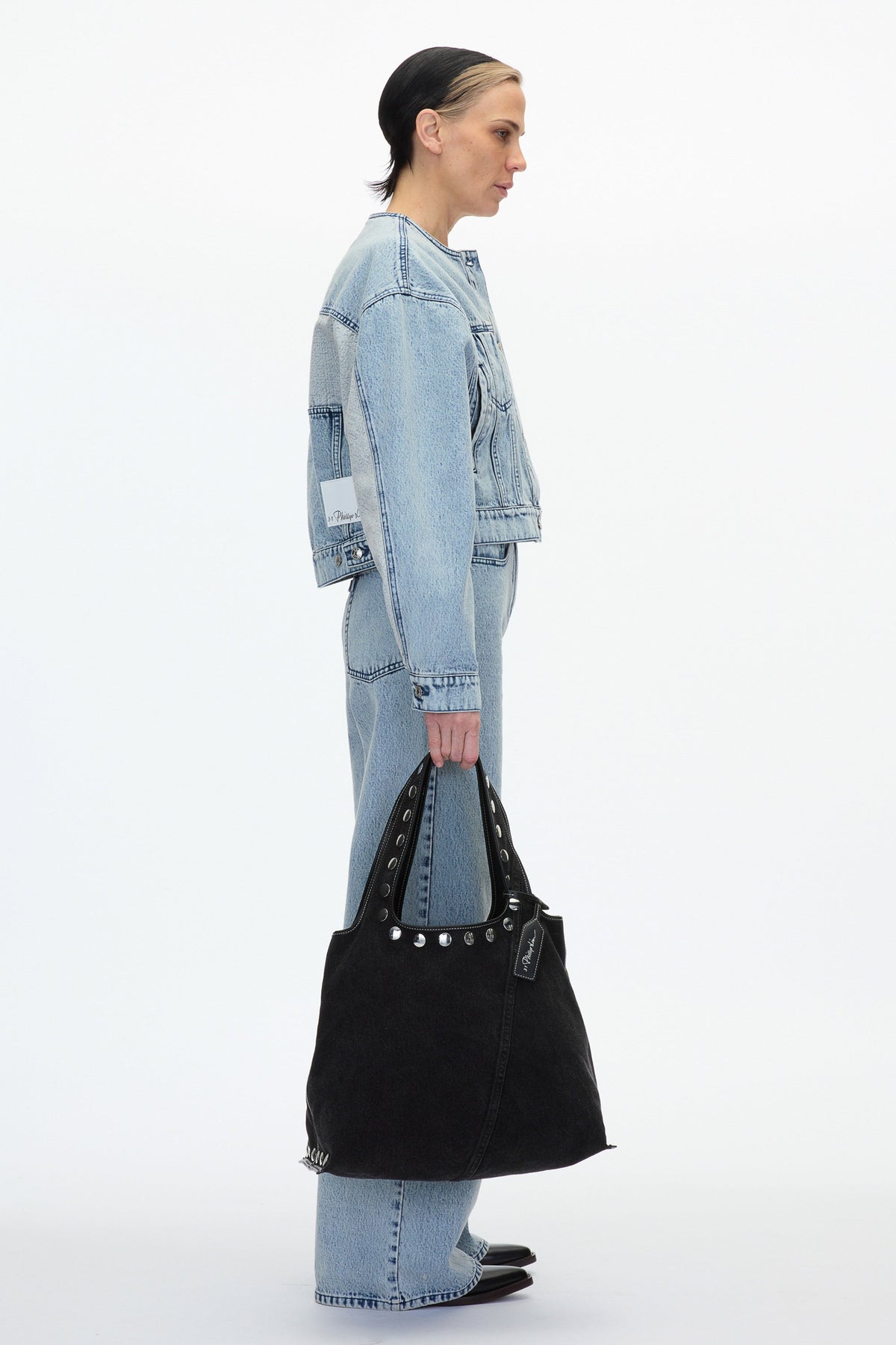 Denim Market Tote with Studs Washed Blk