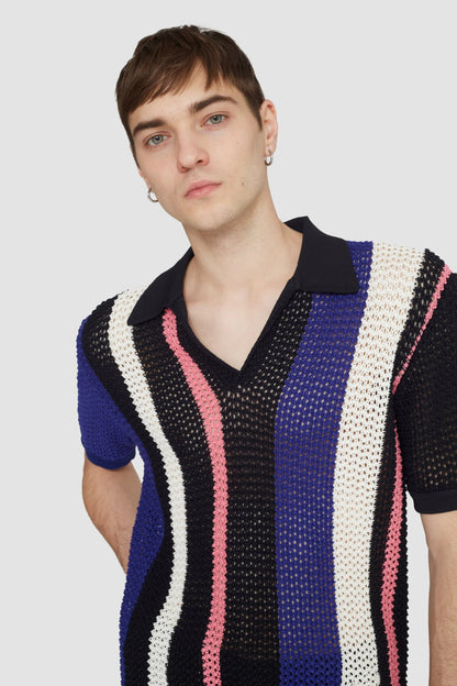 Short Sleeve Stripe Pointelle Polo Shirt Blk Multi