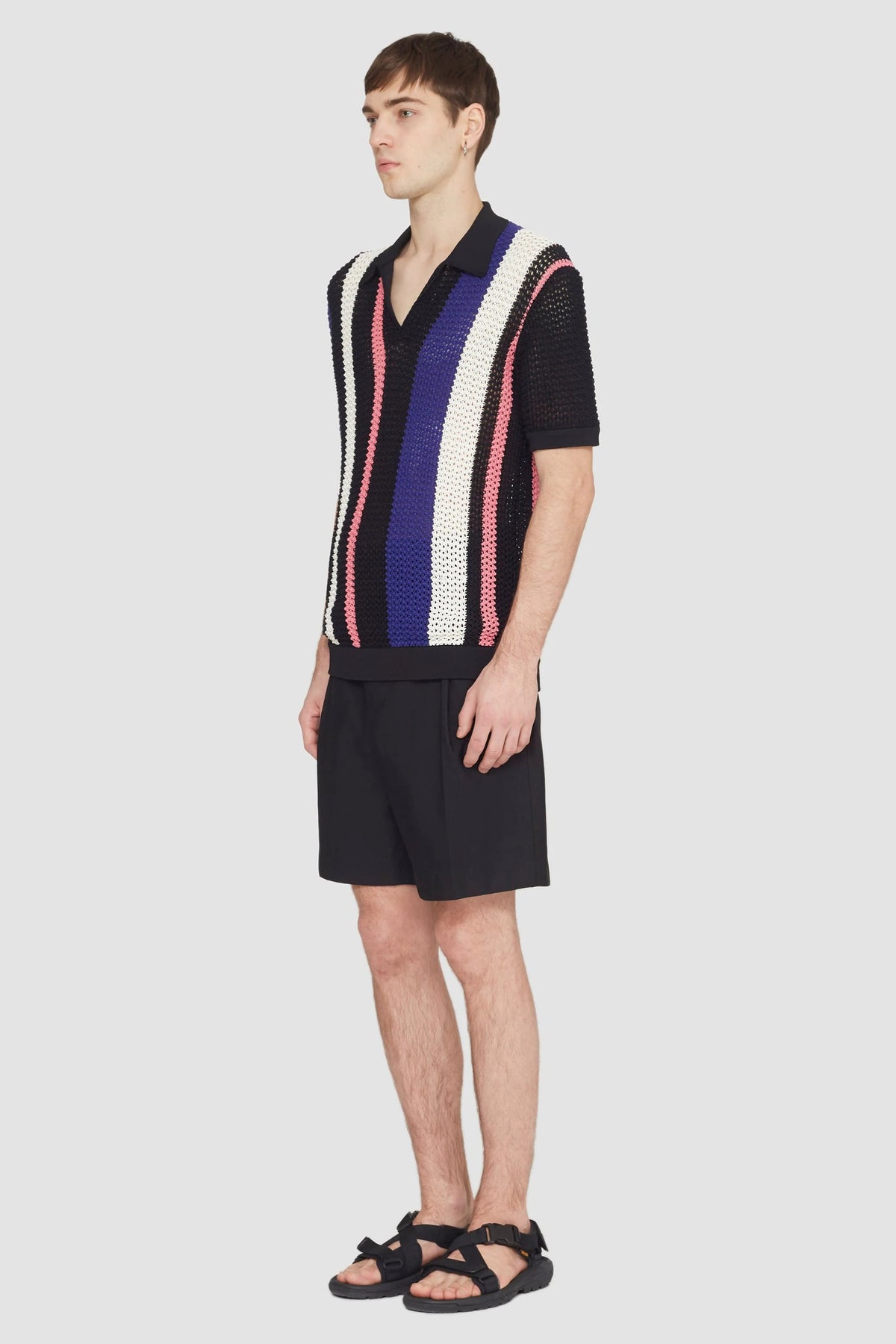 Short Sleeve Stripe Pointelle Polo Shirt Blk Multi