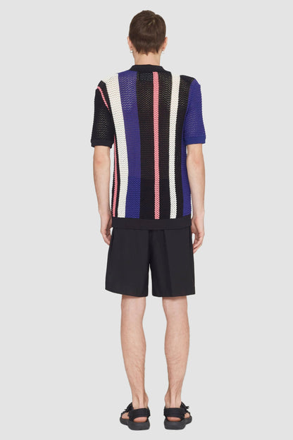 Short Sleeve Stripe Pointelle Polo Shirt Blk Multi
