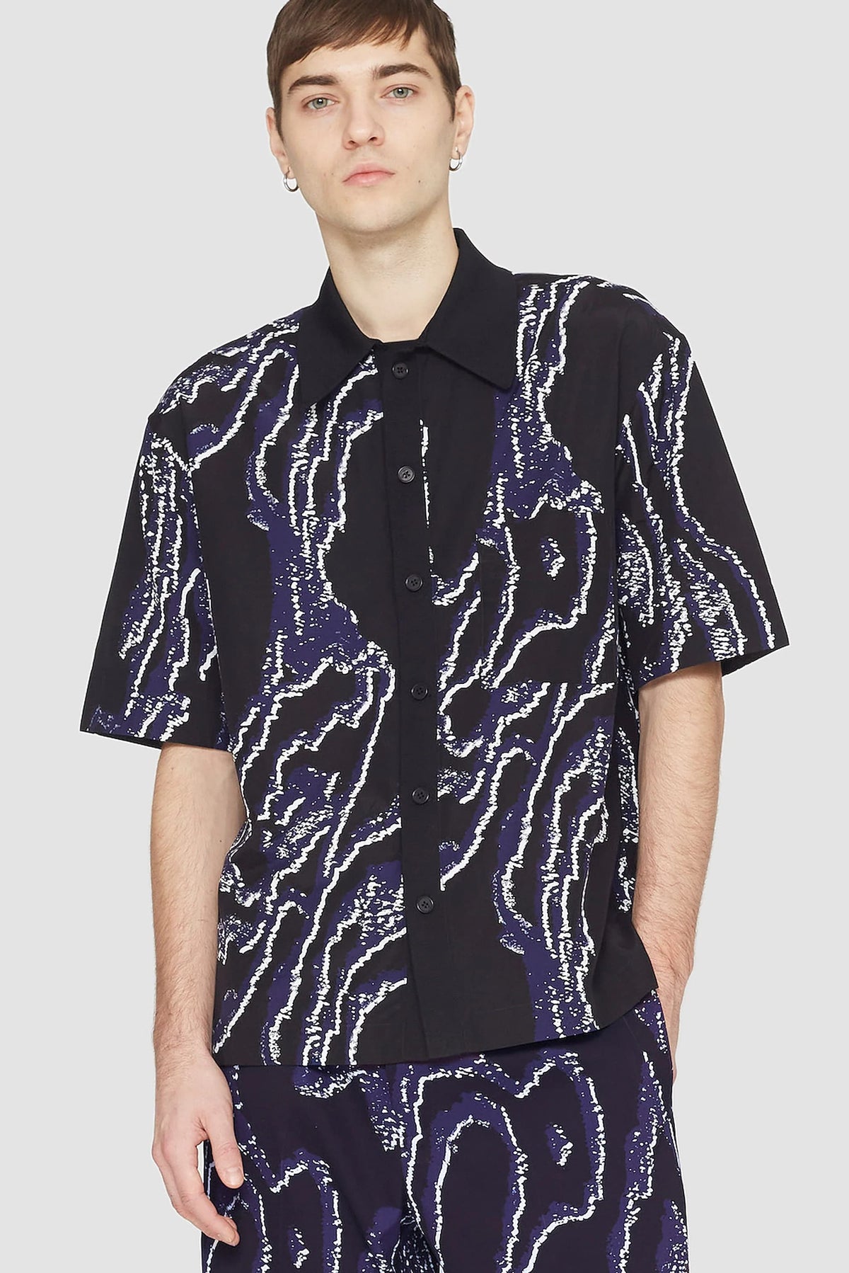 Short Sleeve Printed Bowling Shirt Midnight-White