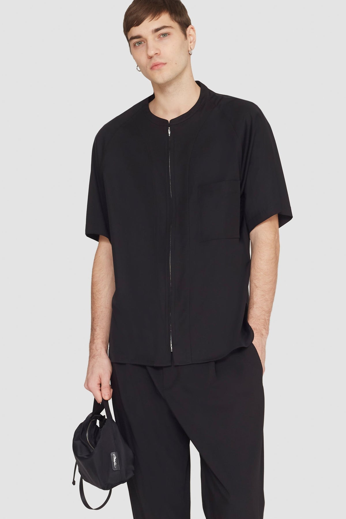Short Sleeve Zip-Front Baseball Shirt Black