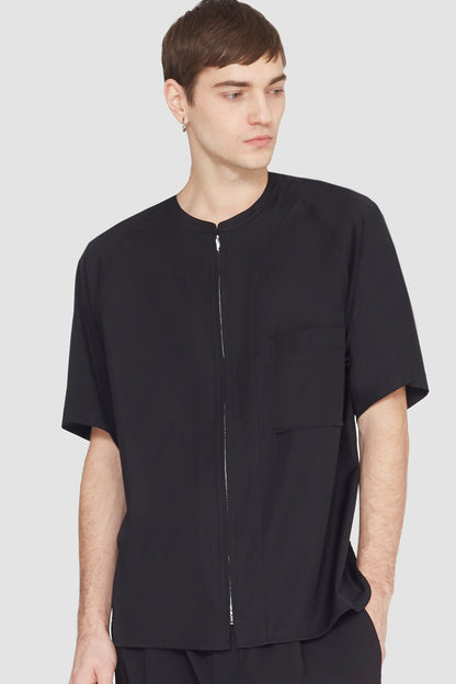 Short Sleeve Zip-Front Baseball Shirt Black
