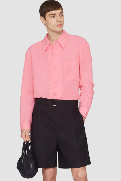 Long Sleeve Convertible Collar Sheer Shirt Pink/Red