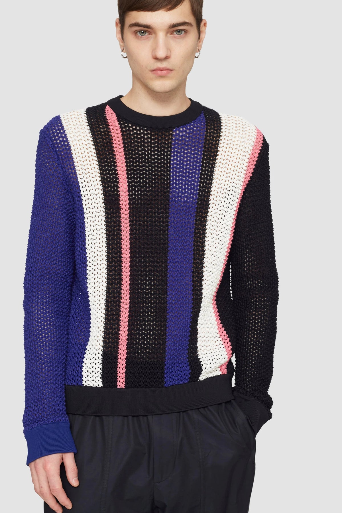 Long Sleeve Stripe Pointelle Pullover Blk Multi