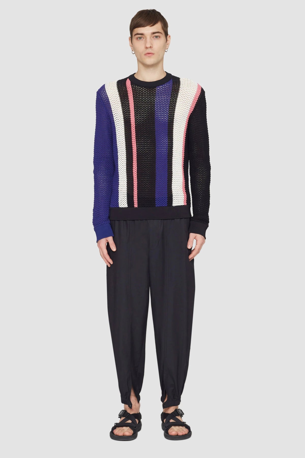 Long Sleeve Stripe Pointelle Pullover Blk Multi