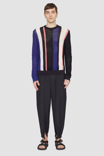 Long Sleeve Stripe Pointelle Pullover Blk Multi